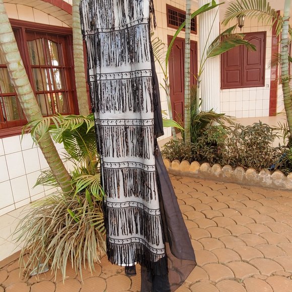 Sequin Fringe Illusion Mesh Gown Formal Evening Dress Sparkle - Picture 5 of 10